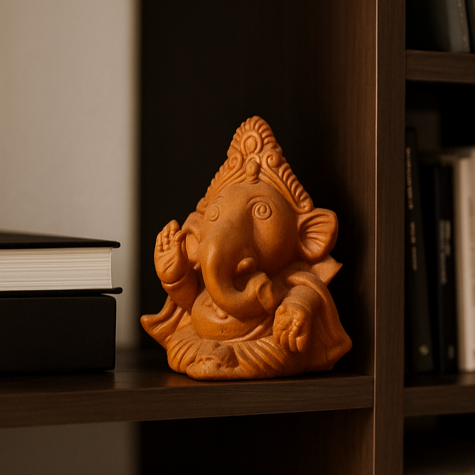 Side view of a handcrafted clay Ganesha idol sitting with blessing gesture, natural brown terracotta sculpture made in Panchmura, Bankura Lifestyle Image