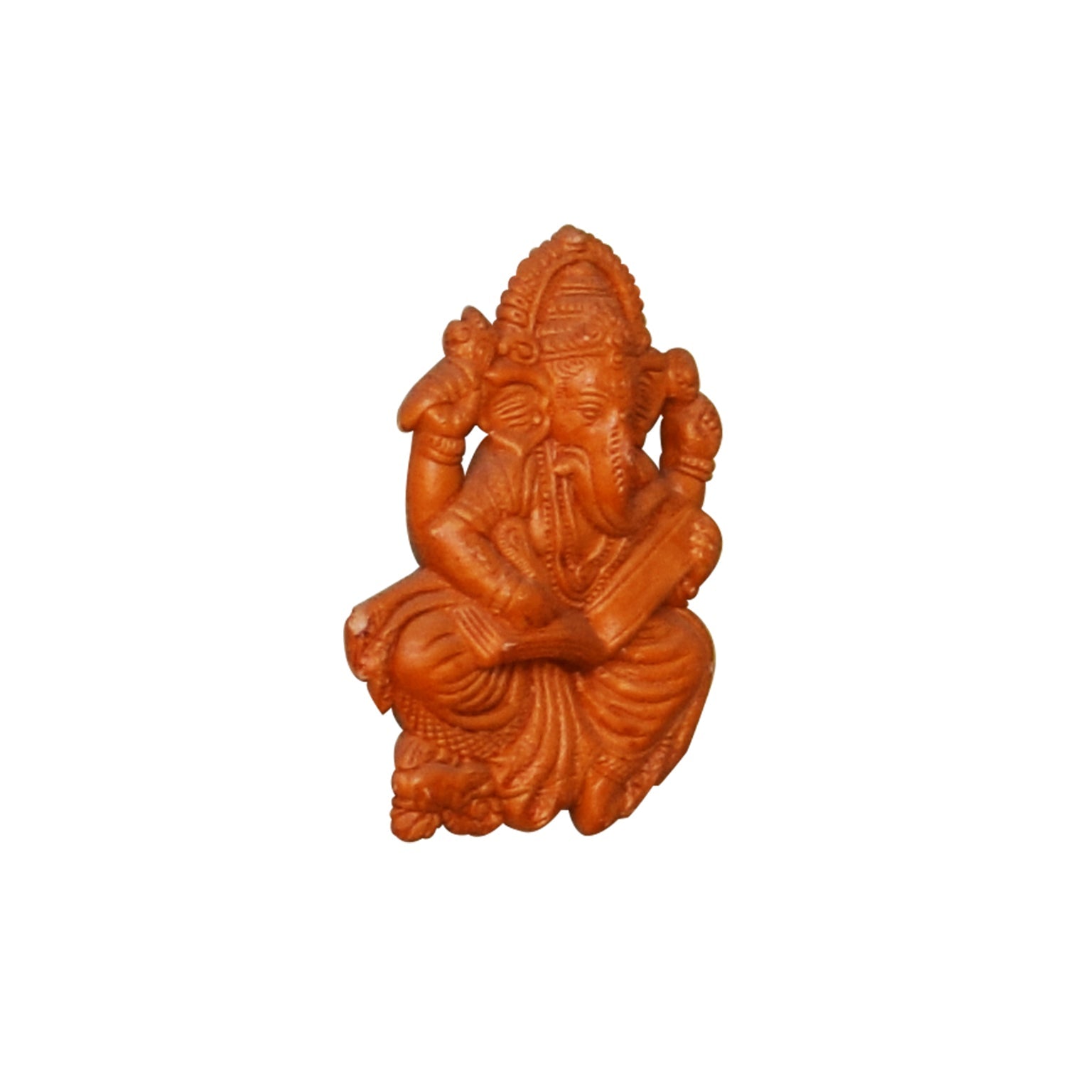 Front view of a handcrafted terracotta Ganesha holding an open book, natural clay wall hanging, made in Panchmura, Bankura