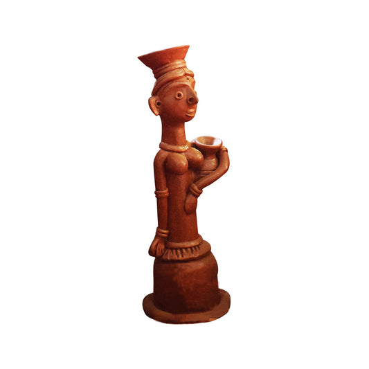 Side view of handcrafted terracotta statue of an Indian woman carrying a clay pot, made in Panchmura, Bankura, warm earthy finish for home or garden décor