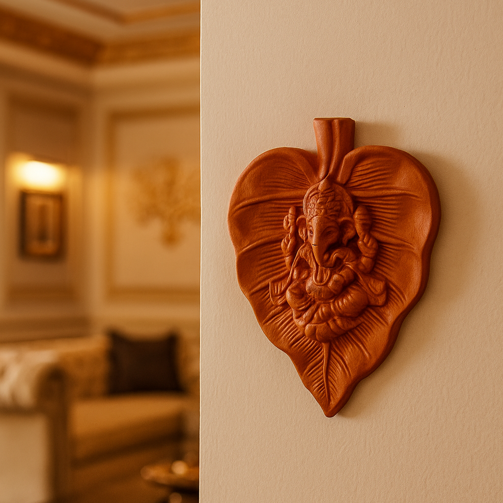 Side view of a handcrafted terracotta Ganesha seated on a leaf wall hanging, made in Panchmura, West Bengal Lifestyle  Image