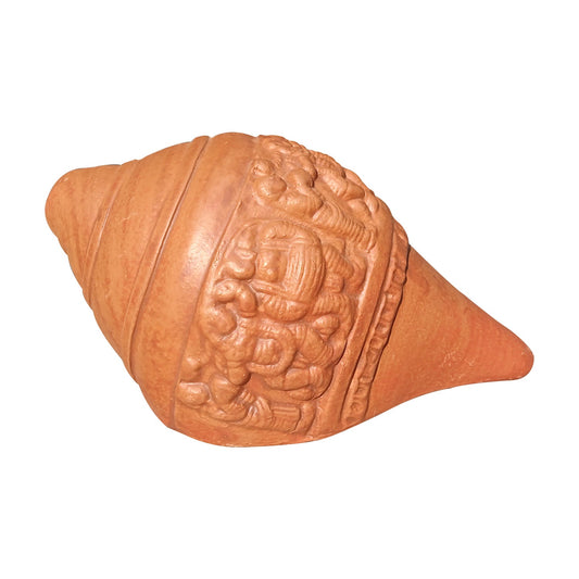 Top view of brown terracotta shankha conch shell handcrafted in Panchmura, Bankura, West Bengal, with smooth curves and earthy finish