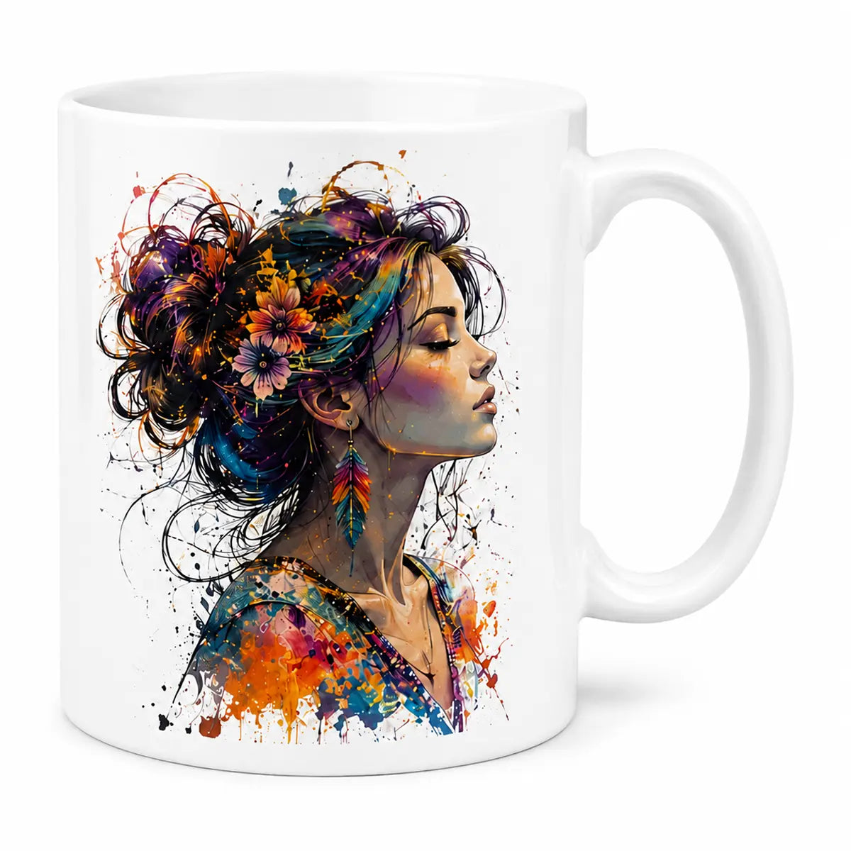 A glossy white custom watercolor portrait from photo coffee mug featuring a vibrant, bohemian ink-splatter illustration of a woman. Microwave and dishwasher safe.