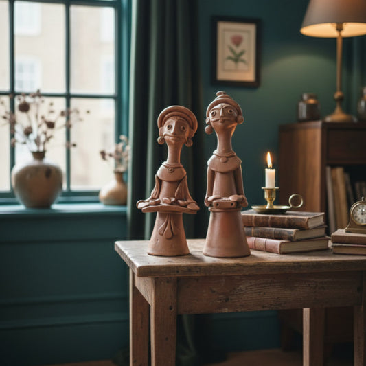 Handcrafted Indian terracotta tribal figurines styled on a wooden table, folk art clay statues displayed in a cozy vintage home interior with books and candle.