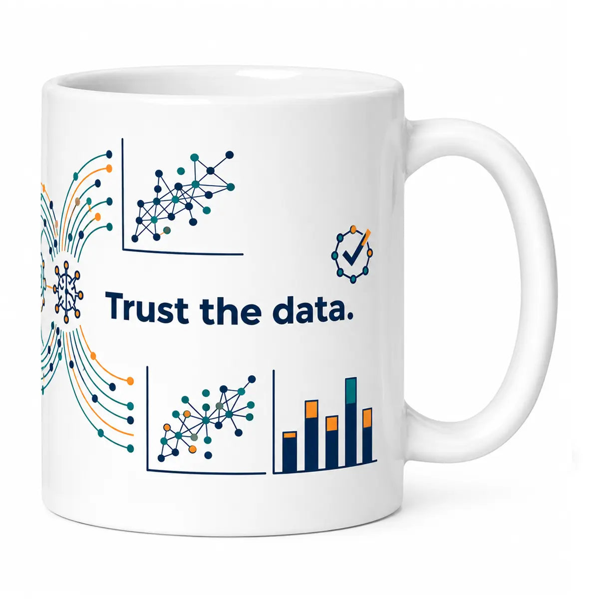 A glossy white abstract data science profession coffee mug featuring the text "Trust the data." alongside colorful scatter plots, bar charts, and neural network graphics. Free shipping by Incotta.