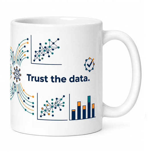 A glossy white abstract data science profession coffee mug featuring the text "Trust the data." alongside colorful scatter plots, bar charts, and neural network graphics. Free shipping by Incotta.