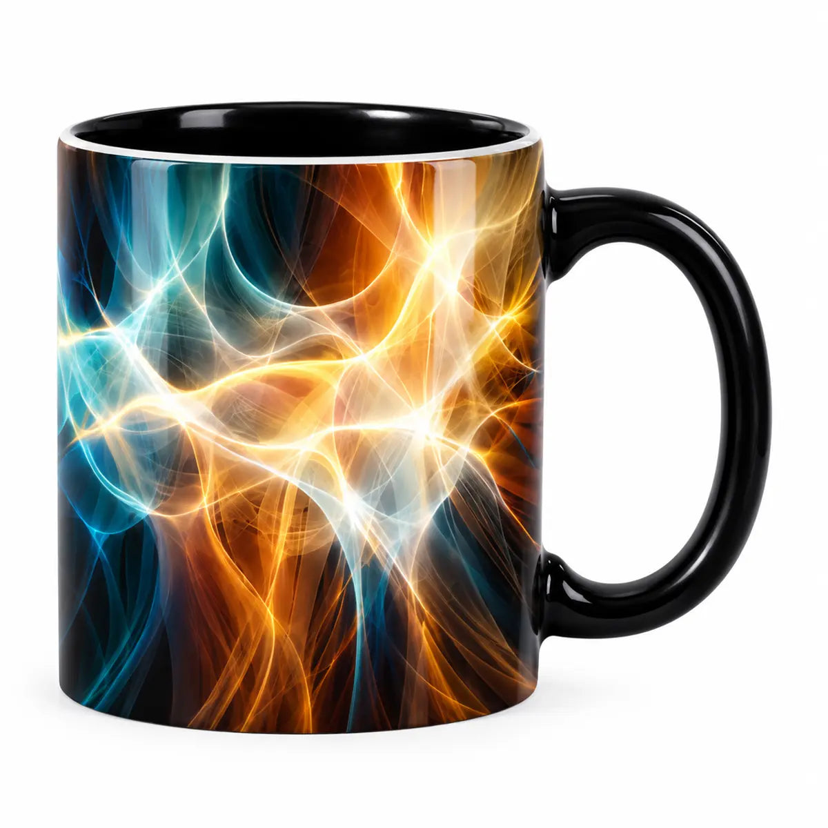 A  abstract energy art coffee mug featuring vibrant glowing blue and orange plasma waves on a sleek black ceramic background. Free shipping by Incotta.