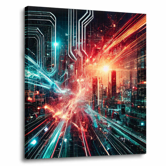 A square canvas wall art print featuring a futuristic cityscape with glowing neon light trails in red, orange, teal, and white against a dark urban background.
