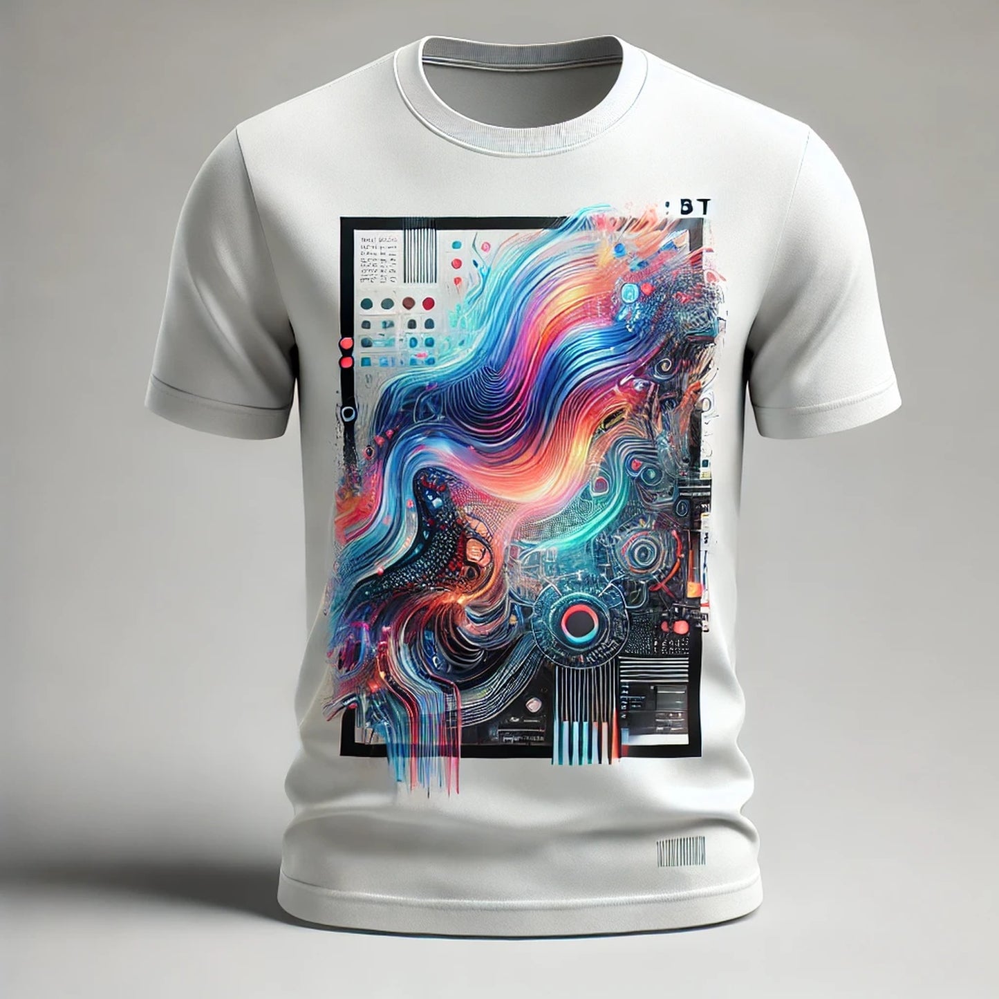 Front view of a white unisex crew neck T-shirt featuring a complex, colorful abstract graphic. The design showcases swirling neon fluid art in shades of blue, cyan, magenta, and orange, blended with futuristic technical grids and glitch art textures within a rectangular frame, creating a modern cyberpunk aesthetic.