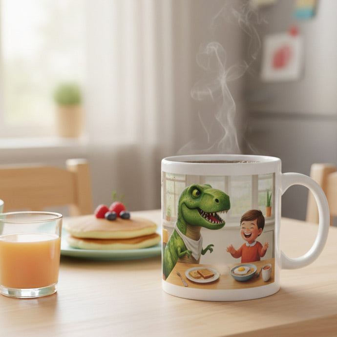 A cozy lifestyle shot of a steaming white mug placed on a breakfast table next to juice and pancakes. The mug features a charming, colorful cartoon illustration of a friendly green T-Rex dinosaur wearing a napkin and eating breakfast with a happy young boy, making it a perfect fun gift for children.