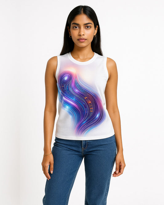 A woman wearing a unique sleeveless white tank top with an abstract AI swirl print