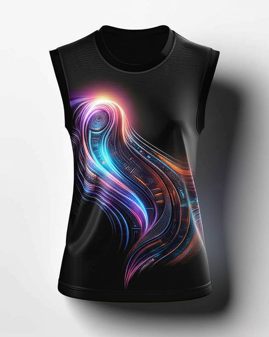 A woman wearing a unique sleeveless white tank top with an abstract AI swirl print