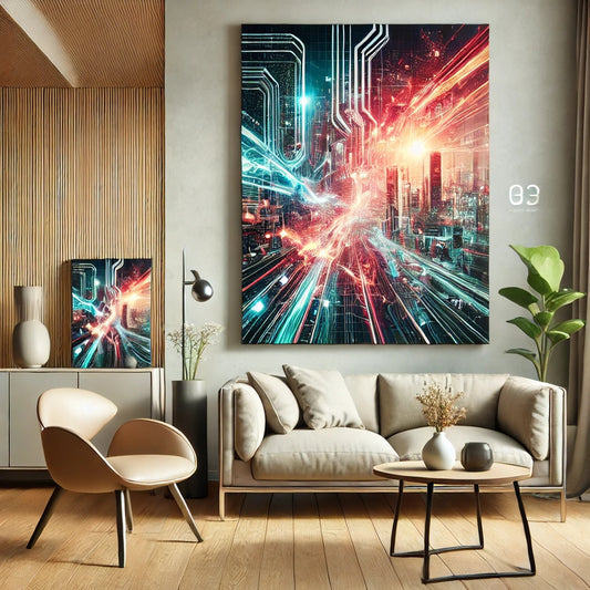 A modern living room interior featuring a large vertical canvas wall art piece hanging above a beige sofa. The artwork depicts a futuristic, abstract digital cityscape with glowing circuit board lines in contrasting teal and red neon colors, creating a bold, cyberpunk-inspired focal point.
