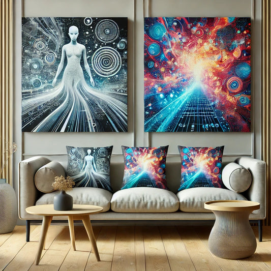 A contemporary living room setting featuring a beige sofa styled with vibrant decorative throw pillows. The cushions display surreal, abstract designs—one featuring a ethereal humanoid figure and the others a colorful cosmic explosion—perfectly matching the large-scale digital wall art above for a cohesive modern aesthetic.