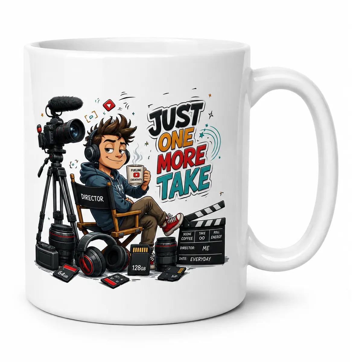 A glossy white custom AI video creator coffee mug featuring a cartoon filmmaker sitting in a director's chair with camera gear and the text Just One More Take. Free shipping by Incotta.