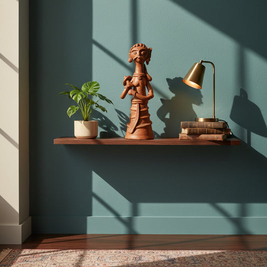 Indian terracotta folk art sculpture of a tribal woman styled on a floating wooden shelf, paired with a table lamp and indoor plant for contemporary home decor.