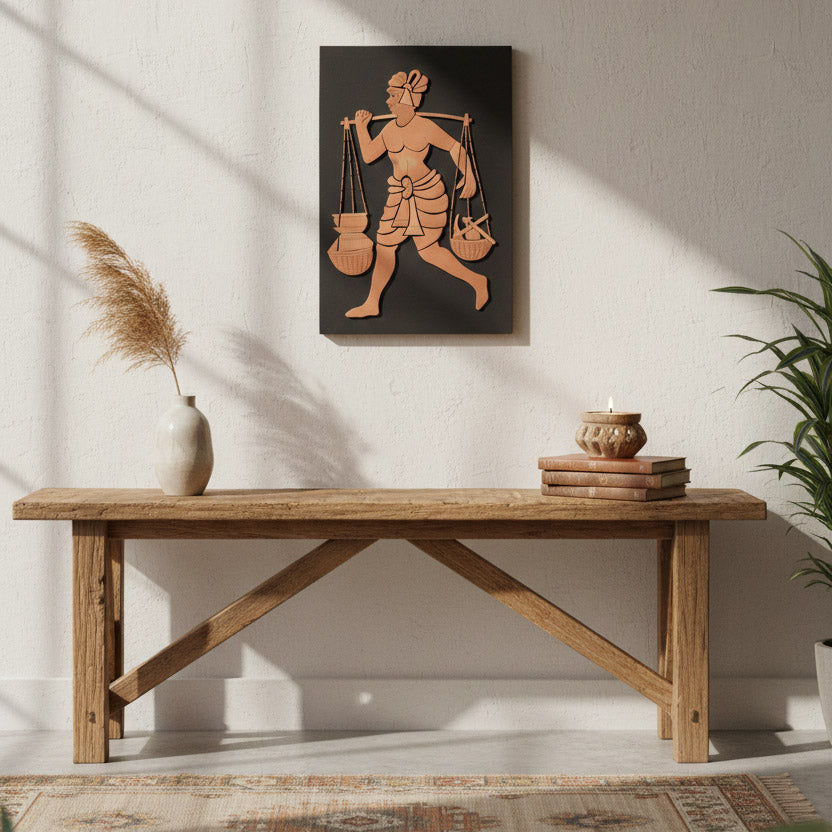Handcrafted Indian rural life wall art panel displayed in a minimalist living space with wooden bench and natural decor.