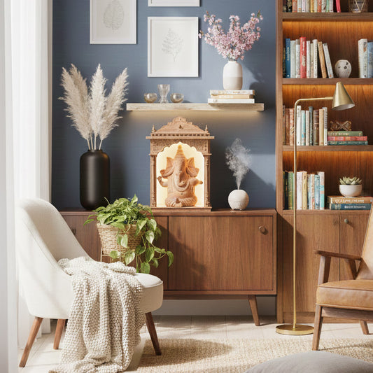 A peaceful living room setting featuring a handcrafted terracotta Lord Ganesha statue placed within a glowing wooden home temple. The spiritual corner is styled with a tall bookshelf, a comfortable white armchair with a throw blanket, and indoor plants against a blue feature wall, blending traditional devotion with modern decor.
