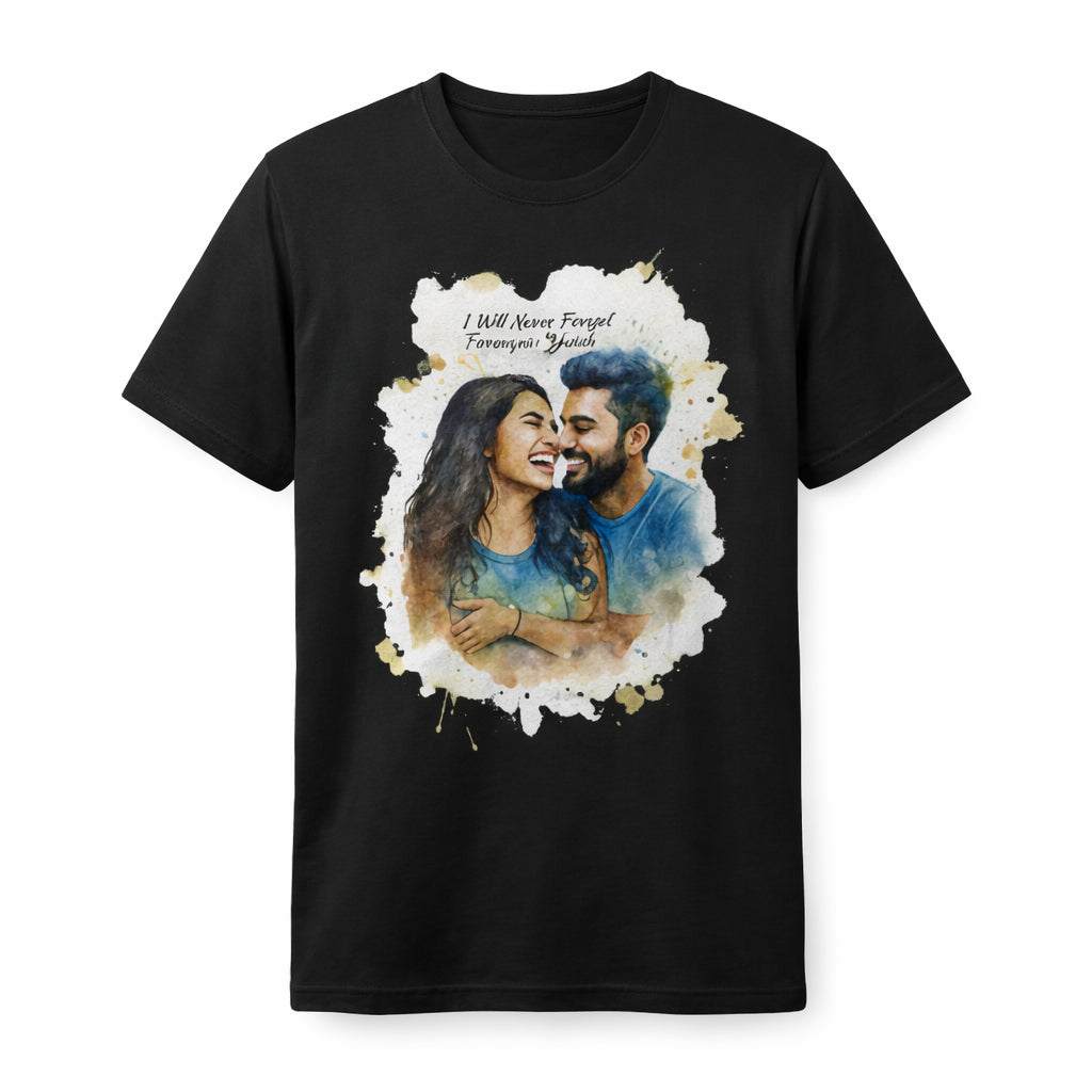 Black t-shirt with custom watercolor couple portrait and romantic handwritten message design.