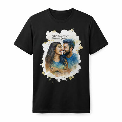 Black t-shirt with custom watercolor couple portrait and romantic handwritten message design.