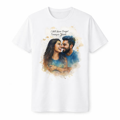 White t-shirt with custom watercolor couple portrait and romantic message print.