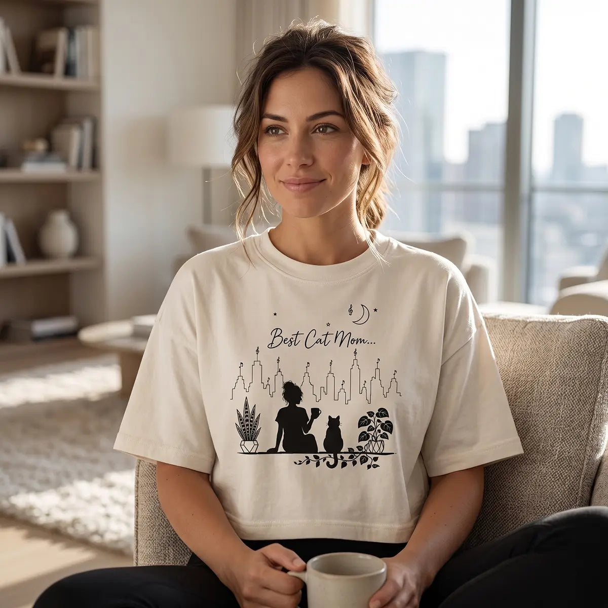 Woman wearing a vintage white Best Cat Mom crop top while holding a coffee mug in a bright modern living room with a city view.