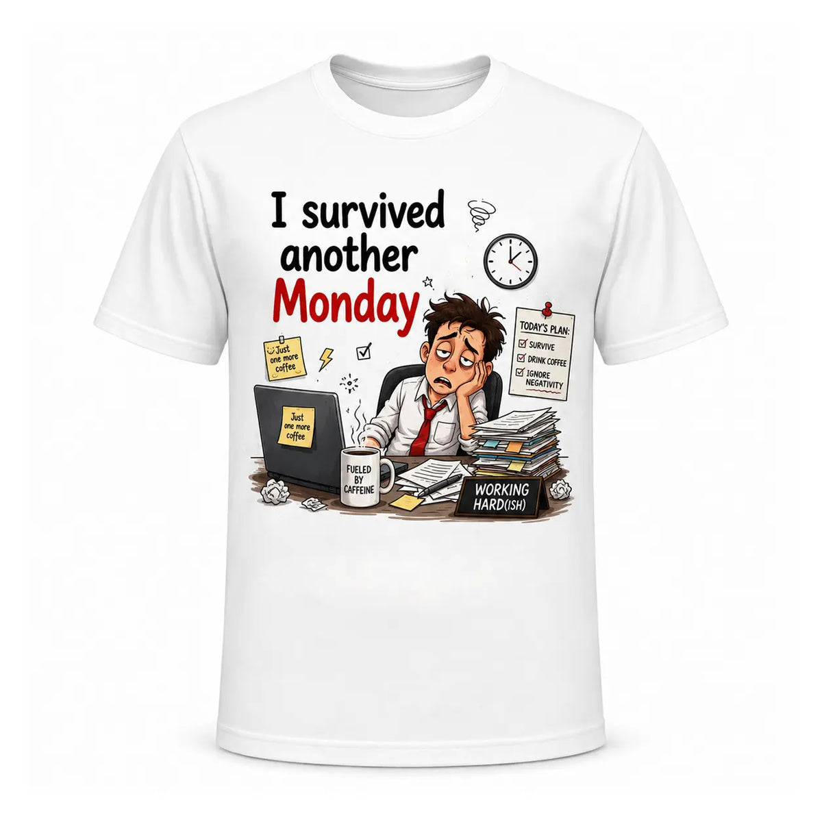 A white graphic tee featuring an exhausted office worker at a cluttered desk with coffee and the text I Survived Another Monday. Free shipping by Incotta.