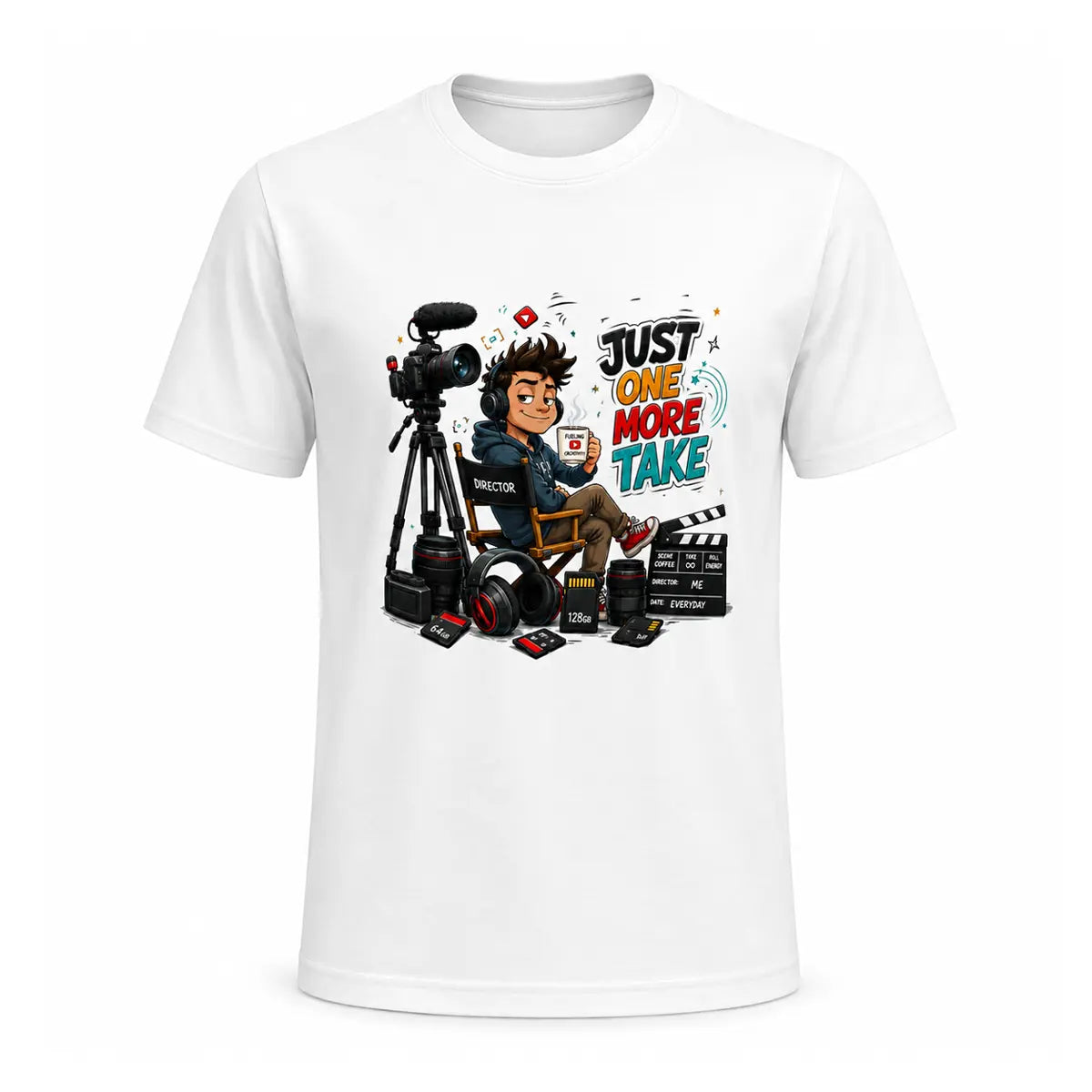 A white videographer graphic tee featuring a cartoon filmmaker sitting in a director's chair with camera gear and the text Just One More Take. Free shipping by Incotta.