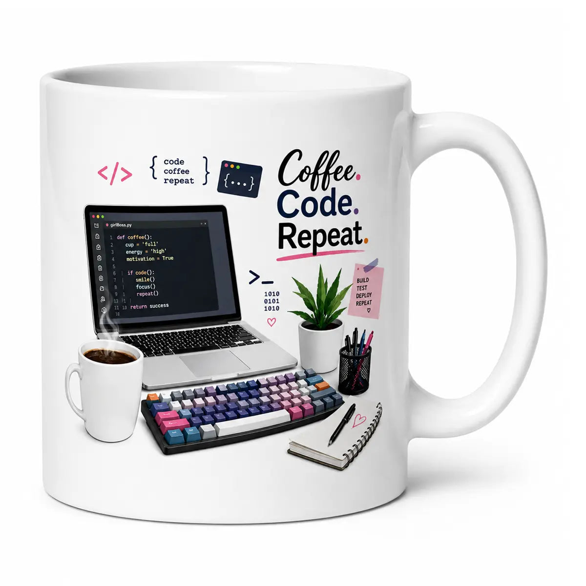A glossy white coffee code repeat programmer coffee mug featuring a coding lifestyle desk setup with a pink keyboard, laptop, and plant. Free shipping by Incotta.