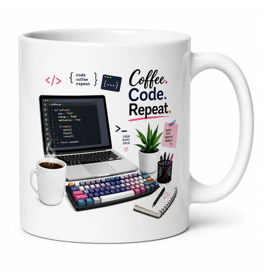 A glossy white coffee code repeat programmer coffee mug featuring a coding lifestyle desk setup with a pink keyboard, laptop, and plant. Free shipping by Incotta.