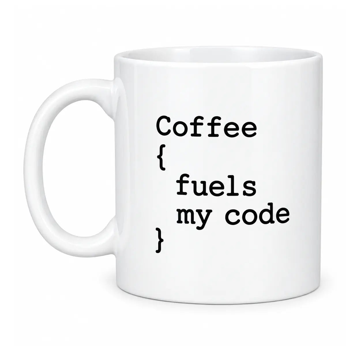 Start your sprint with the custom coffee fuels my code programmer mug. Featuring a glossy white finish and minimalist coding syntax graphic. Free shipping!