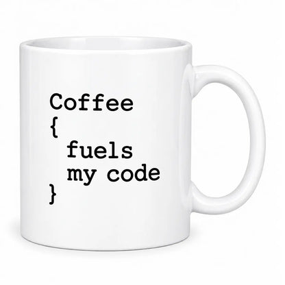 Start your sprint with the custom coffee fuels my code programmer mug. Featuring a glossy white finish and minimalist coding syntax graphic. Free shipping!