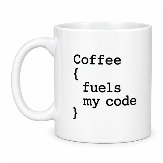 Start your sprint with the custom coffee fuels my code programmer mug. Featuring a glossy white finish and minimalist coding syntax graphic. Free shipping!