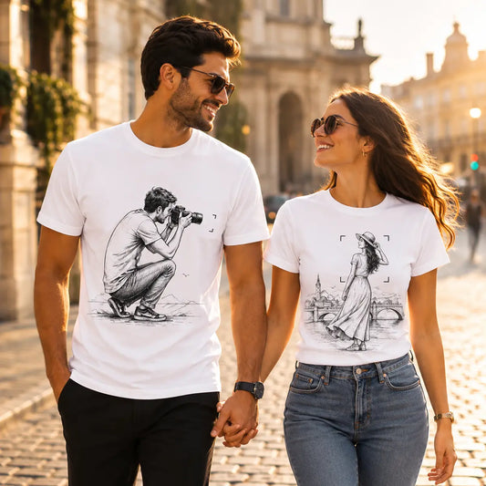 A man and a woman holding hands and smiling at each other while wearing matching white graphic t-shirts with black sketch prints, set against a warm, sunlit cobblestone street background.