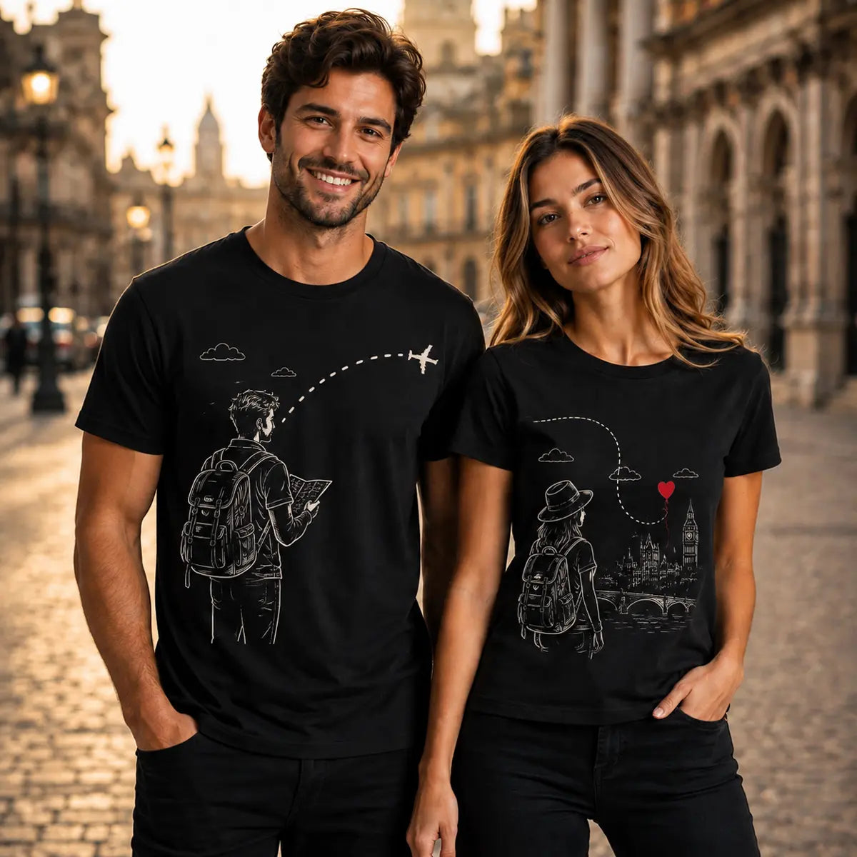 A man and a woman standing together in a city street at sunset, both wearing matching black graphic T-shirts with white travel-themed line drawings and a small red heart accent.