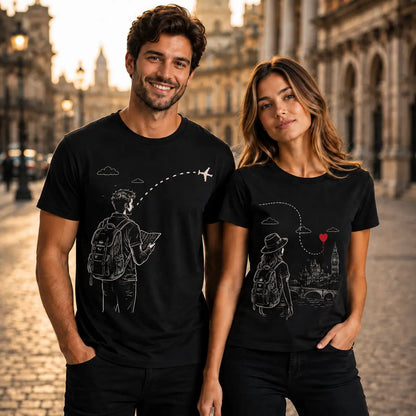 A man and a woman standing together in a city street at sunset, both wearing matching black graphic T-shirts with white travel-themed line drawings and a small red heart accent.