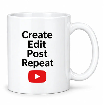 Start your day with the custom create edit post repeat content creator mug. Featuring a glossy white finish and a red play button graphic. Free shipping!
