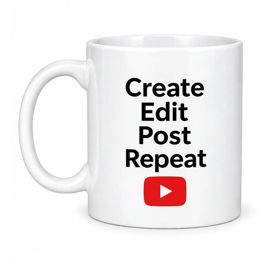 Start your day with the custom create edit post repeat content creator mug. Featuring a glossy white finish and a red play button graphic. Free shipping!