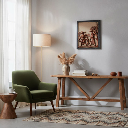 Ethnic terracotta wall decor featuring an Indian tribal village relief, paired with a modern console table, green accent chair, and soft natural light.