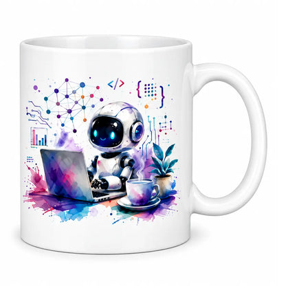 A glossy white custom AI developer neural network robot coffee mug featuring a cute robot working on a laptop with colorful watercolor splashes. Free shipping by Incotta.