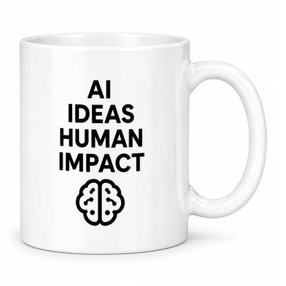 Start your morning with the custom AI ideas human impact coffee mug. Featuring a glossy white finish and minimalist digital brain graphic. Free shipping!