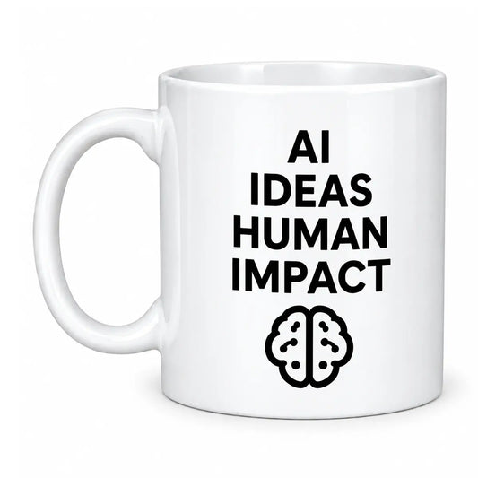 Start your morning with the custom AI ideas human impact coffee mug. Featuring a glossy white finish and minimalist digital brain graphic. Free shipping!