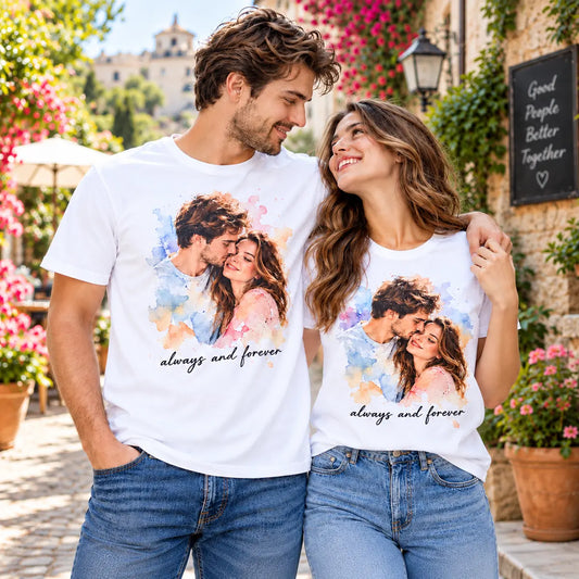 Match in style with custom always and forever watercolor couple shirts. Features soft pastel artwork printed on premium white cotton lifestyle image.