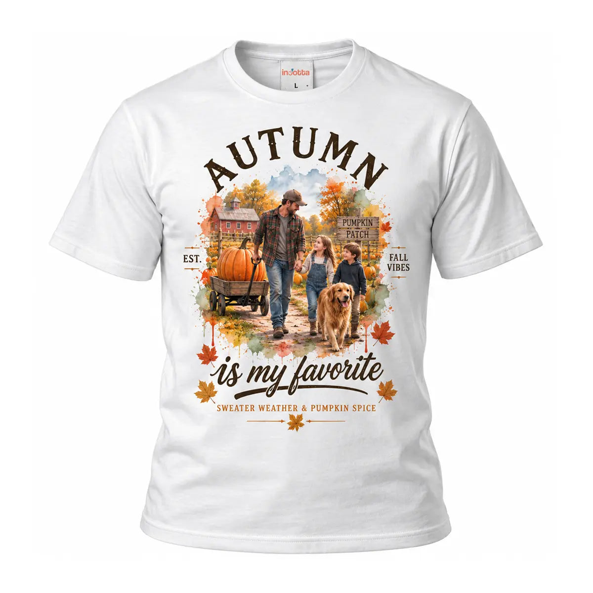 A white custom autumn family pumpkin patch graphic tee featuring a watercolor scene of a family and golden retriever at a pumpkin patch. Free shipping by Incotta.