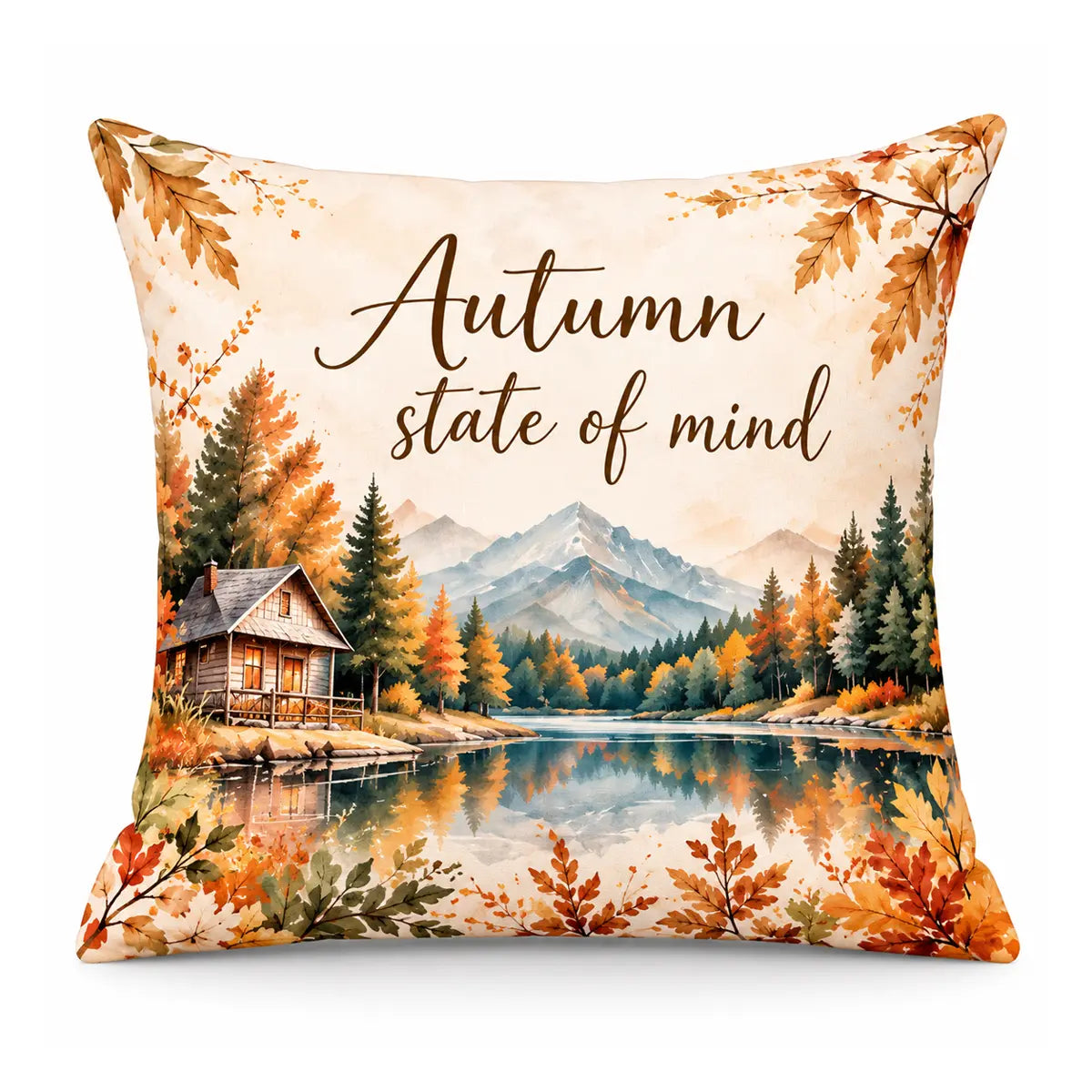Cozy up your room with our custom autumn state of mind watercolor landscape throw pillow. Features a rustic lake cabin and mountain view[cite: 18]. Free shipping!