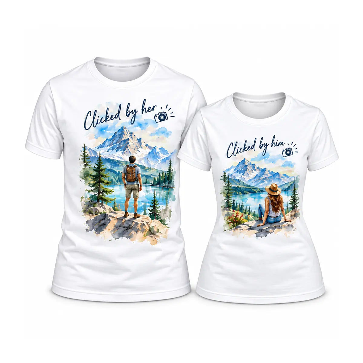 Get ready for your next trip with custom clicked by her clicked by him couple shirts. Features watercolor mountain art on soft white cotton tees. Free shipping!