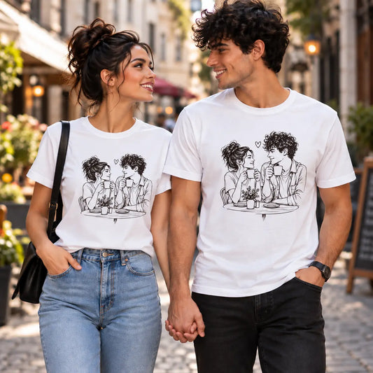 Step out for your morning brew in custom coffee date couple line art matching shirts. Features a hand-drawn sketch of a couple at a cafe[cite: 14] lifestyle image.