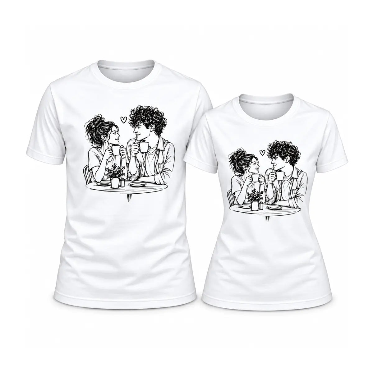 Step out for your morning brew in custom coffee date couple line art matching shirts. Features a hand-drawn sketch of a couple at a cafe[cite: 14]. Free shipping!