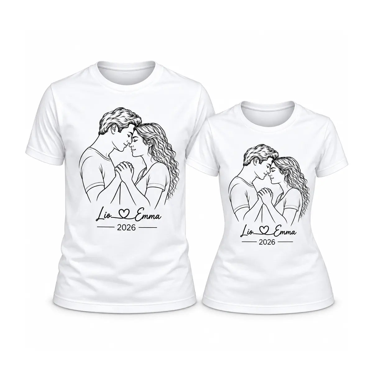 Commemorate your special year with custom couple line art name and date matching shirts. Features an elegant minimalist sketch on soft white cotton. Free shipping!