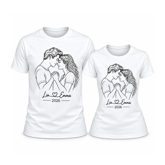 Commemorate your special year with custom couple line art name and date matching shirts. Features an elegant minimalist sketch on soft white cotton. Free shipping!