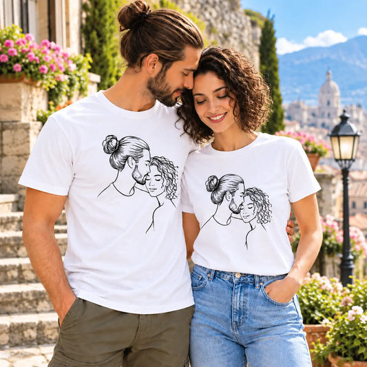 Wear your love story with custom couple portrait line art matching shirts. Minimalist black line sketch printed on soft white cotton tees lifestyle image.